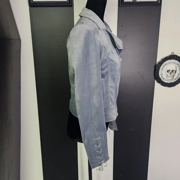 Ice Blue Velvet Moto Jacket - Picture 3 of 6